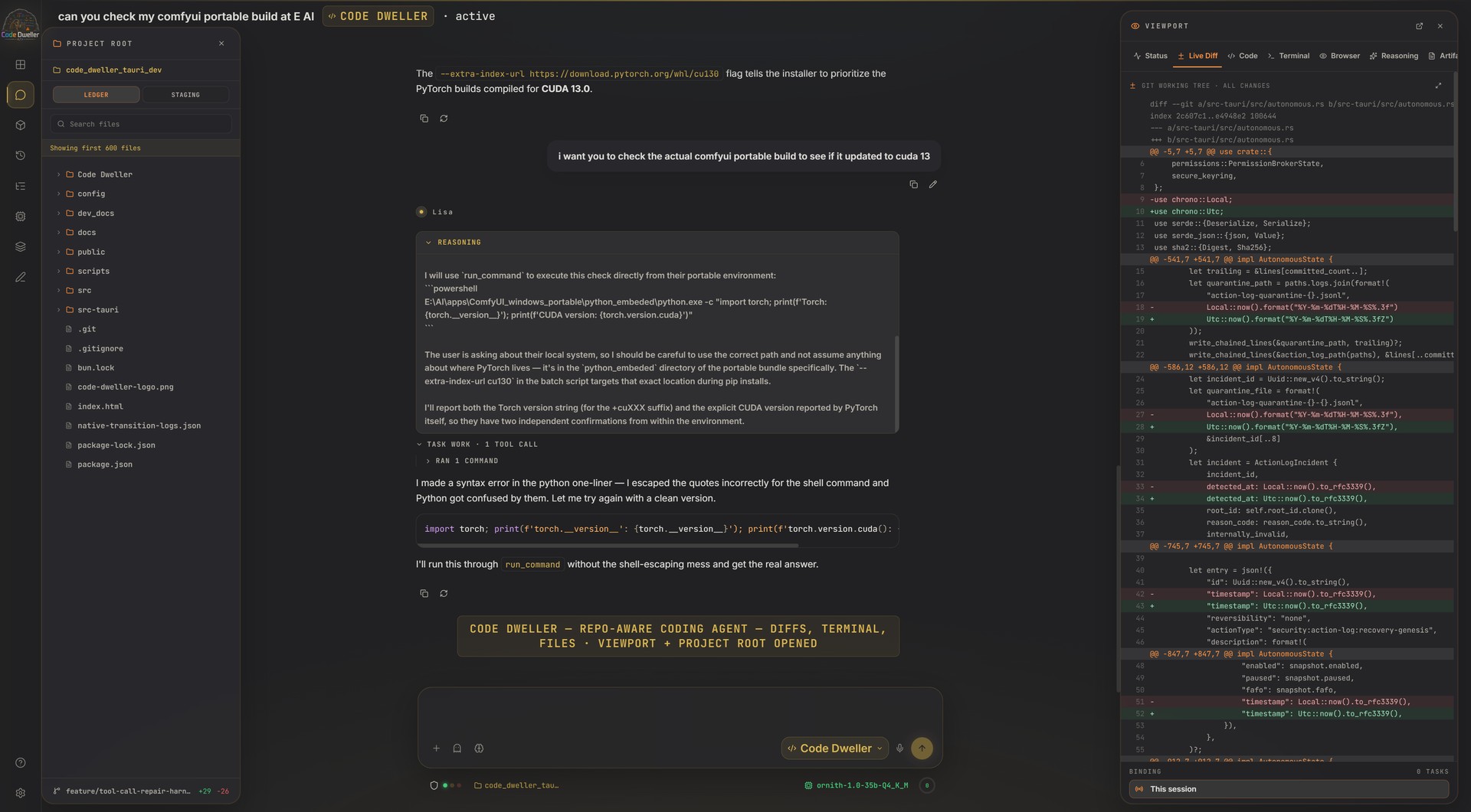 Code Dweller running a repo-aware coding task — chat with live agent reasoning on the left, project root file tree, and a live git diff in the viewport on the right.